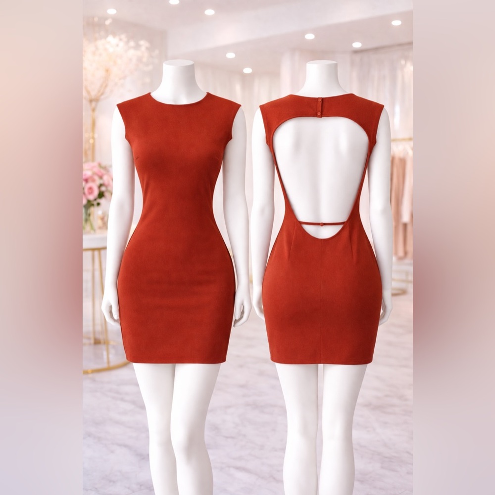 Zara Burnt Orange Stretch Knit Open Back Mini Dress Size M - Picture 2 of 6